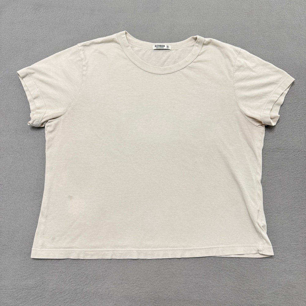 Buck Mason Shirt Women M Beige Cotton Short Sleeve Crew Neck USA *